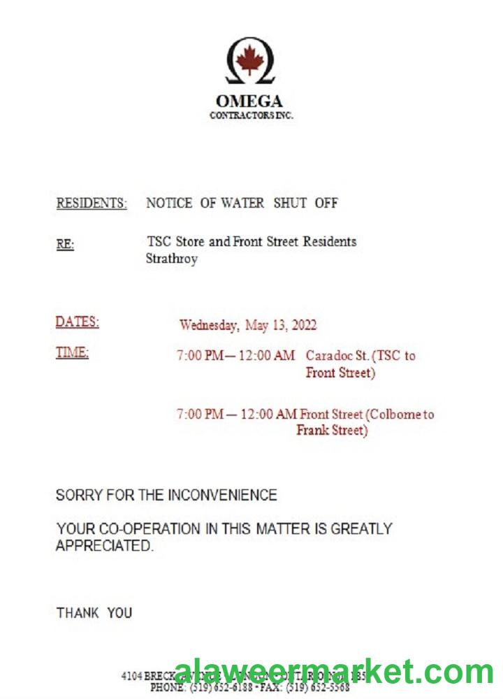 Canada Ontario Omega Contractors Inc. water utility bill shutoff notice